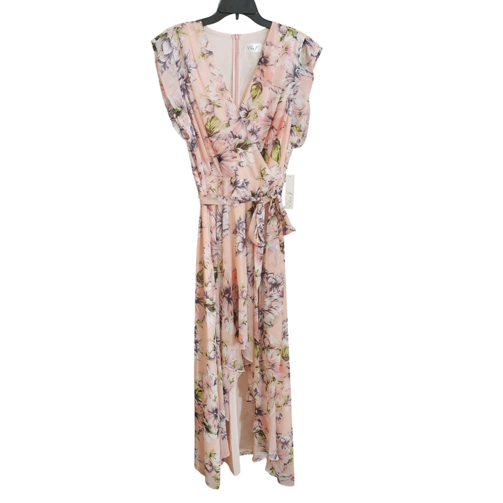 NWT Eliza J Size 14 Peach Floral High Low Faux Wrap Ruffle Tie Waist Maxi Dress - Picture 2 of 5